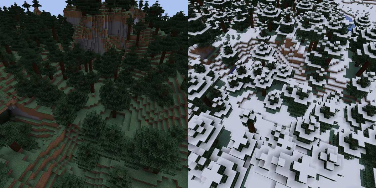 マインクラフトのキツネがタイガバイオームにスポーンしている画面