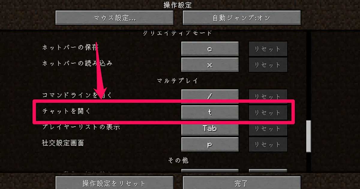 マイクラのTキーでチャット画面を表示したゲーム内スクリーンショット