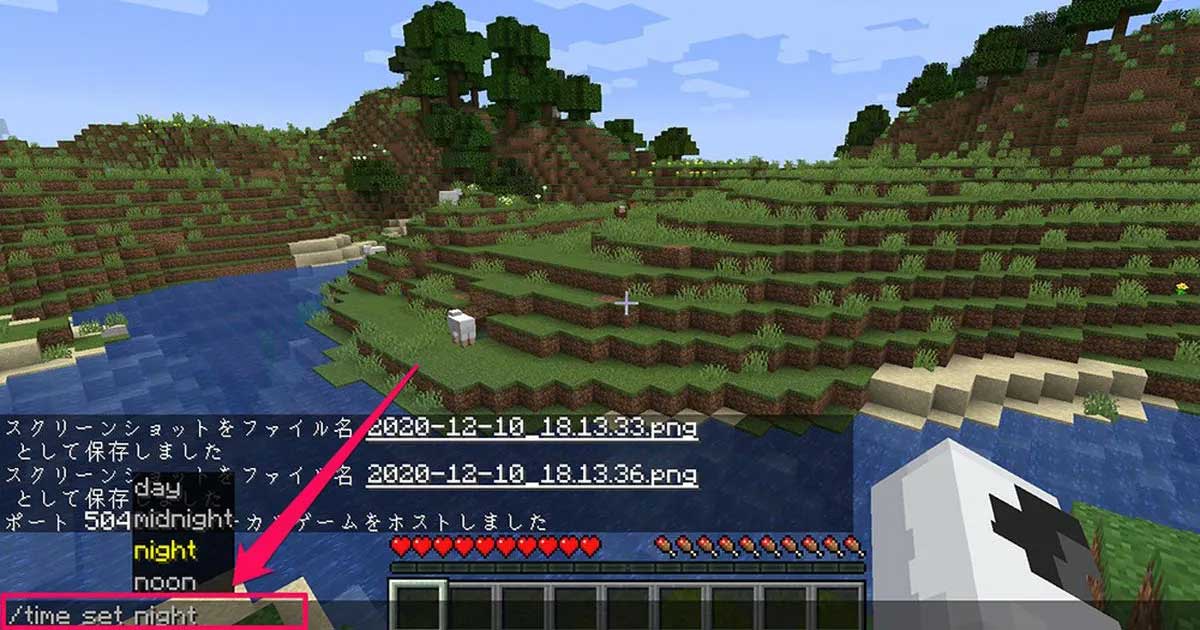 マイクラで/time set nightコマンドを入力している画面