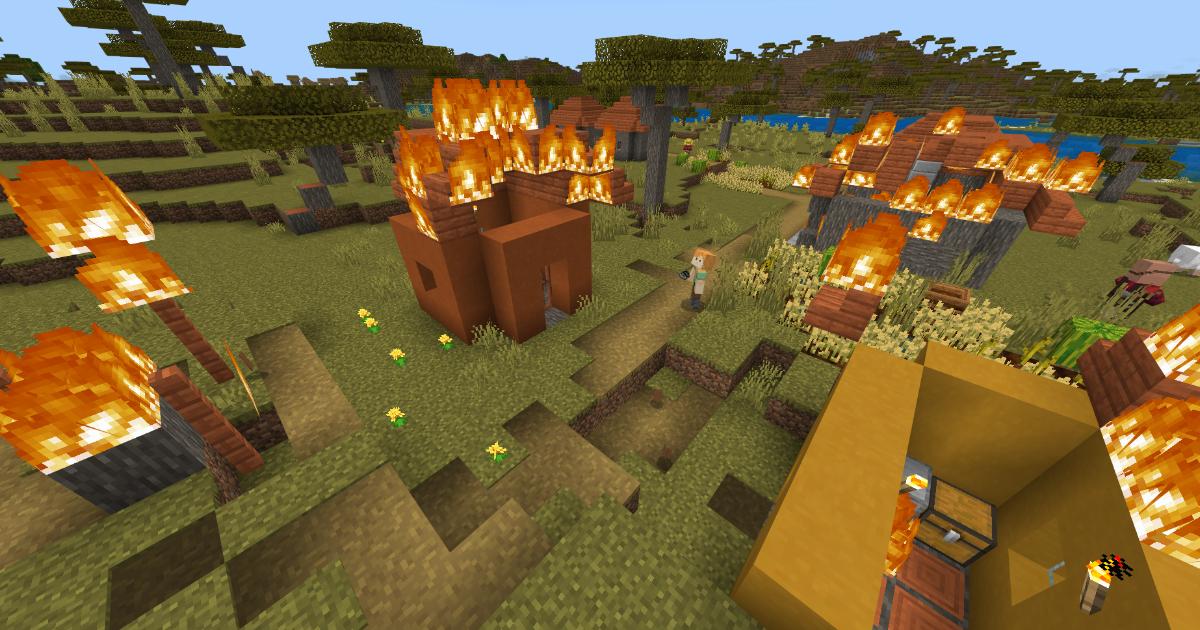 マイクラサーバーで建物を破壊する荒らし行為のゲーム内画面