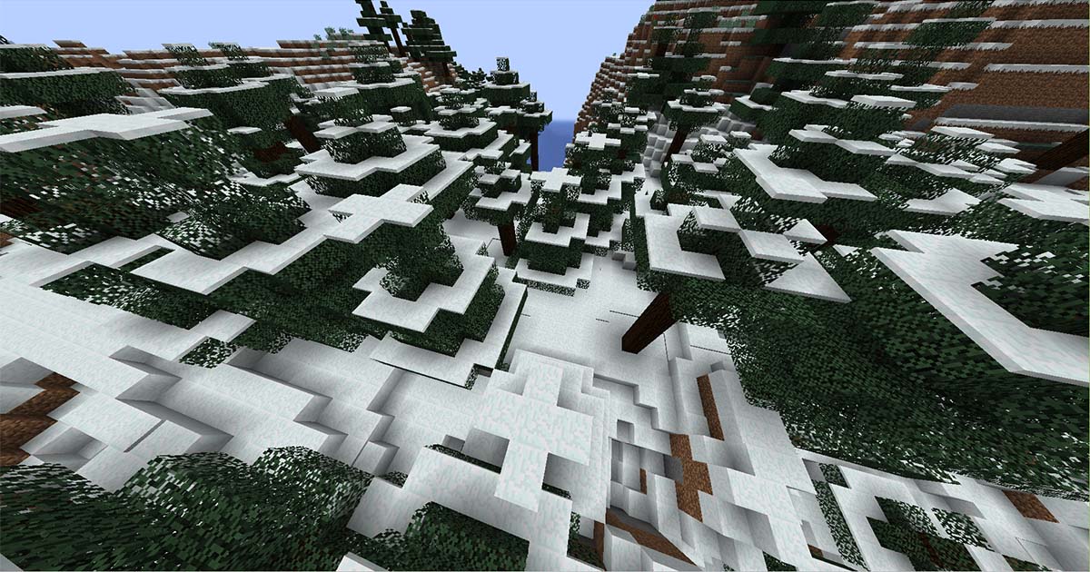 マイクラ氷雪バイオーム「林」のトウヒの木と粉雪