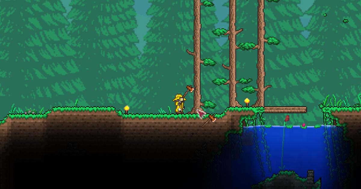 テラリアで木を伐採して木材を集めているゲーム内画面