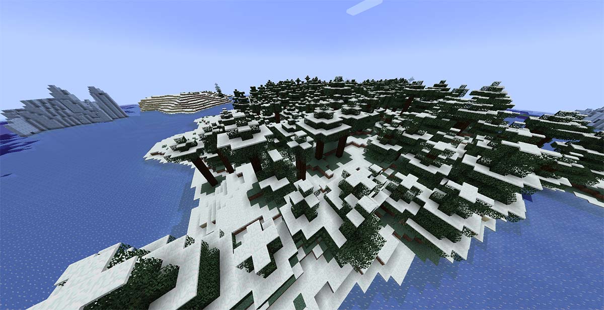 マイクラ氷雪バイオーム「雪のタイガ」のトウヒと雪景色