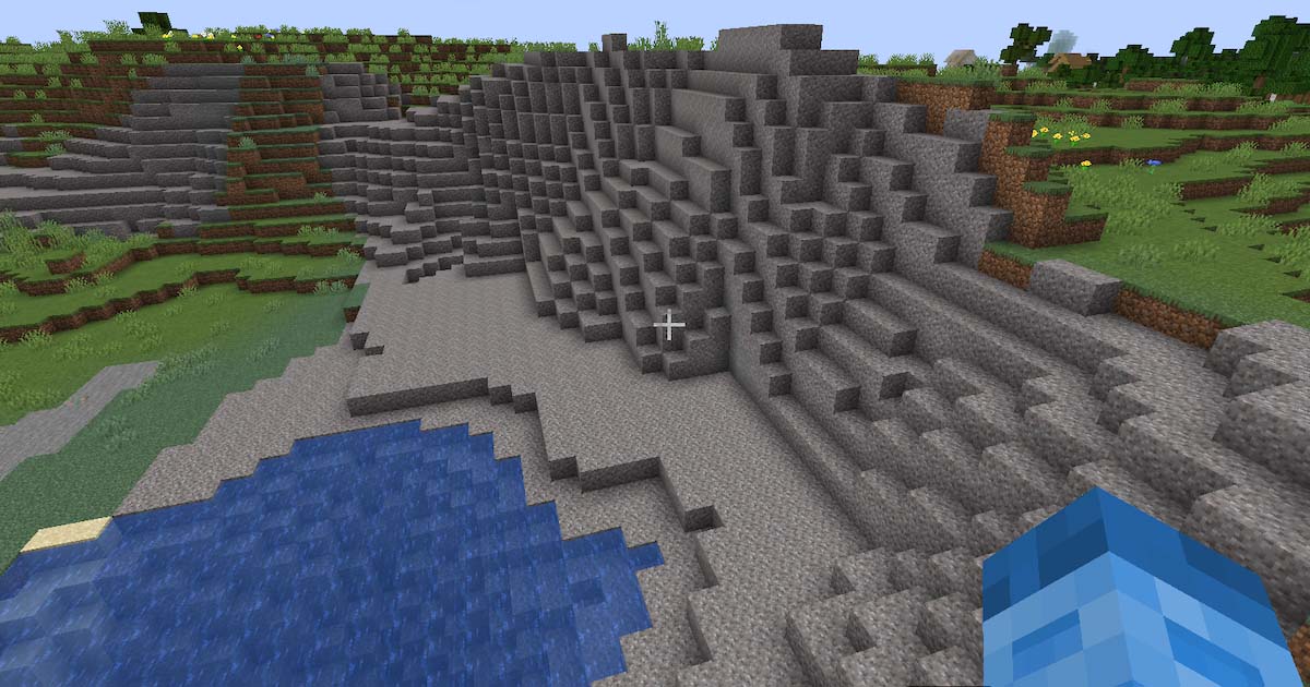 吹きさらしの砂利の丘バイオームの砂利地形のマイクラ画面