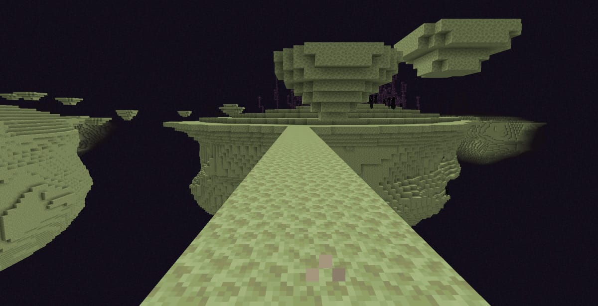 マイクラジ・エンドでブロックを並べて浮島間に橋を作っているゲーム内画面