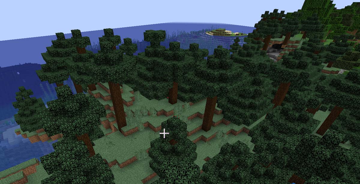 タイガバイオームのトウヒの木が密集した地形のゲーム内画面