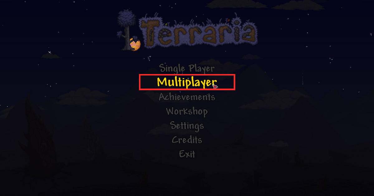 テラリアのタイトル画面でMultiplayerを選択しているゲーム内画面