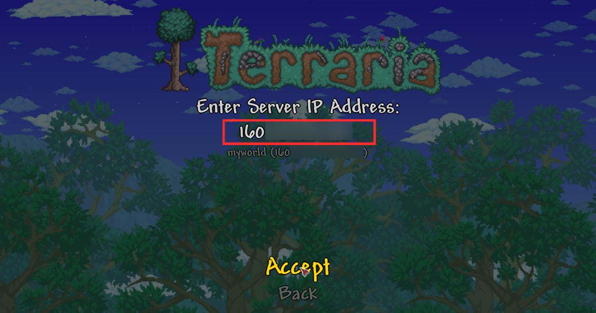 テラリアでIPアドレスを入力してマルチサーバーに接続しているゲーム内画面