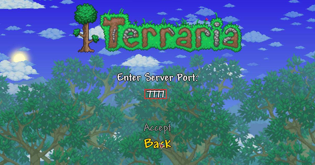 テラリアでサーバーポートを入力してマルチサーバーに接続しているゲーム内画面