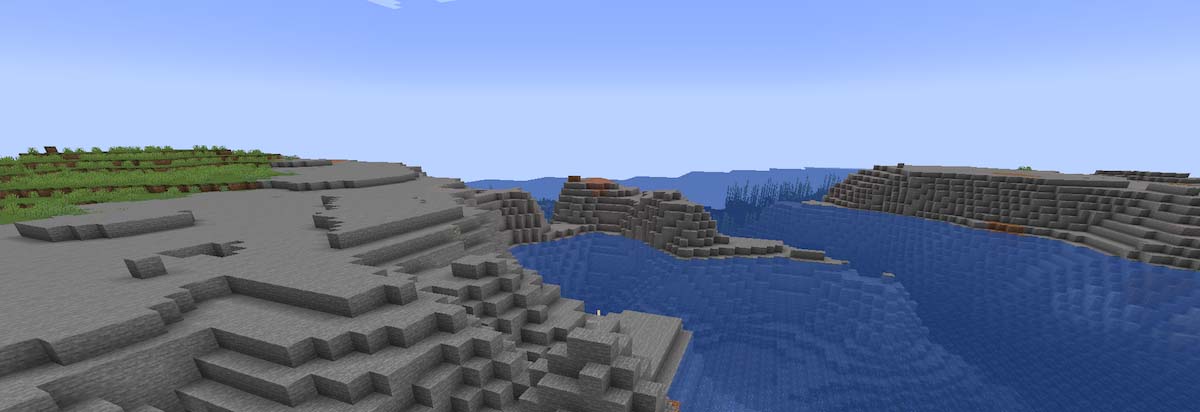 石だらけの海岸バイオームの石と砂利地形のゲーム内画面