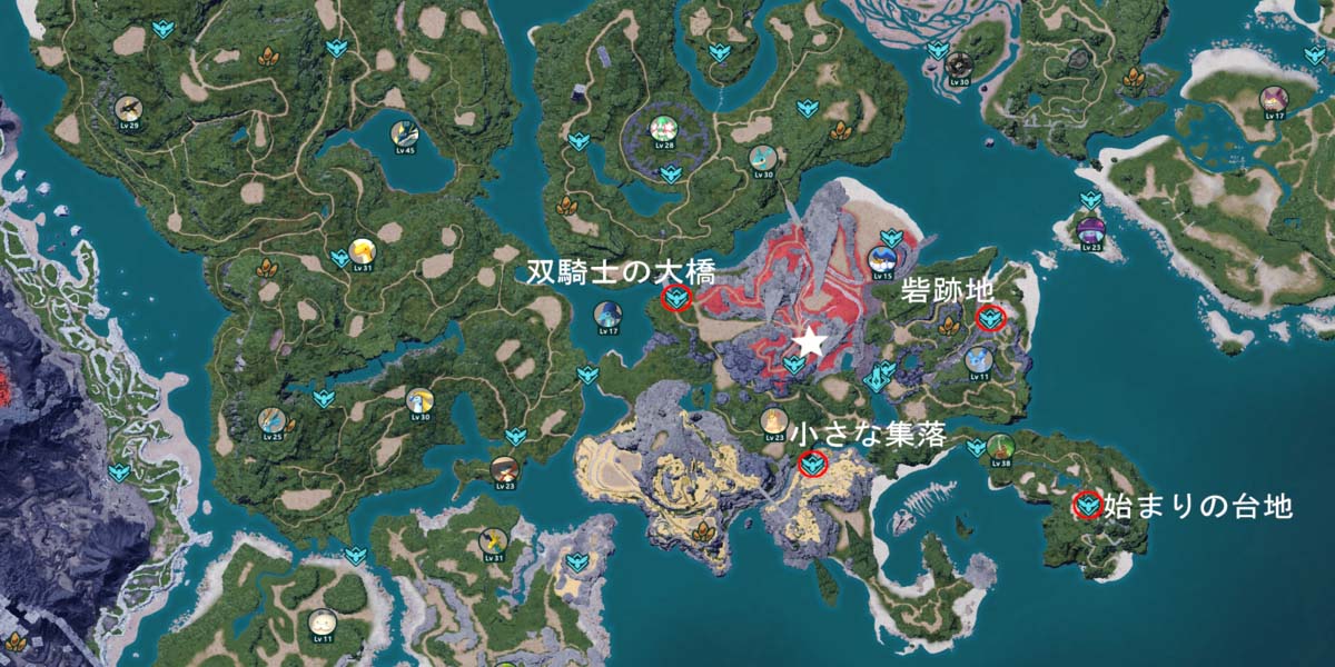 パルワールドの「さびれた教会」裏手のおすすめ拠点マップ画面
