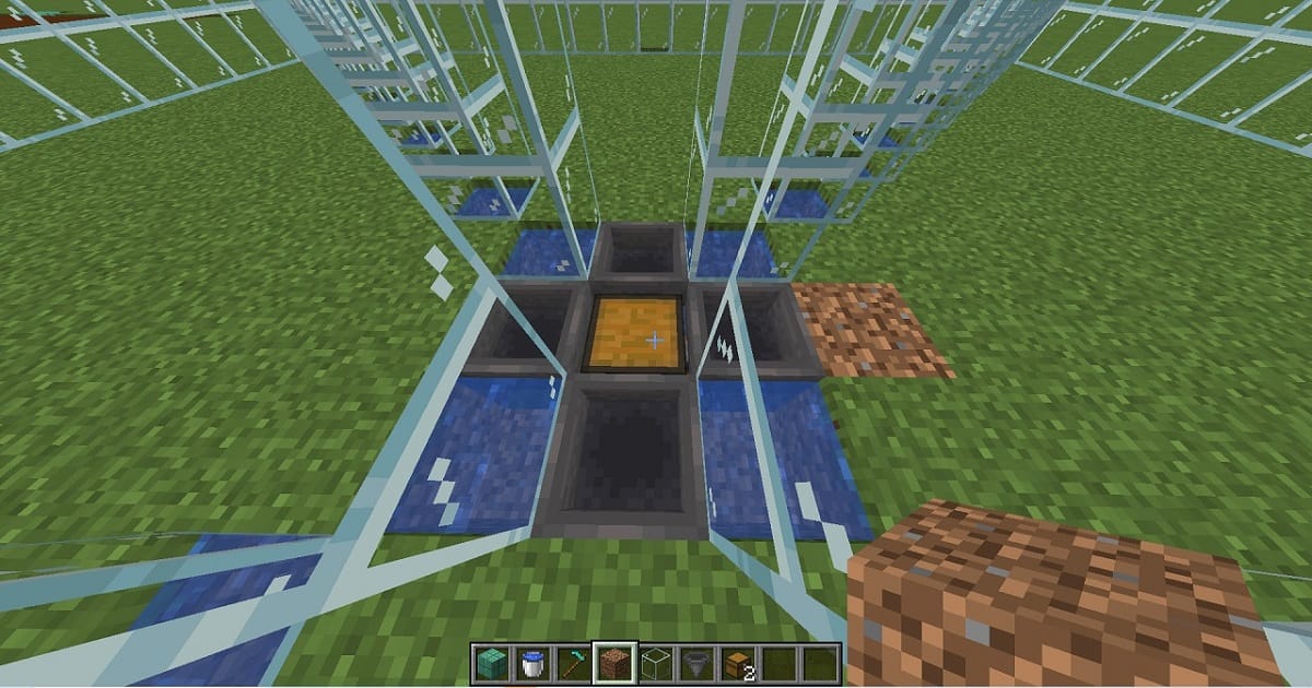 マイクラ全自動骨粉製造機手順8フェンスをホッパーの上に配置するゲーム内画面
