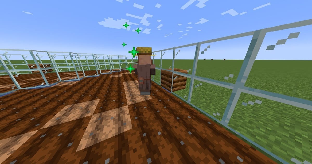 マイクラ全自動骨粉製造機手順17農民が小麦を植えて稼働した状態のゲーム内画面